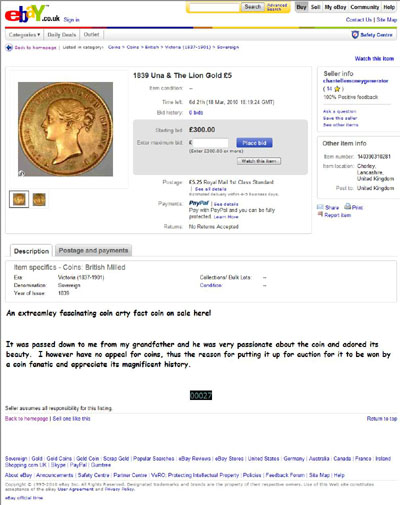 chantellemoneygenerator eBay Listing Using our 1839 Una and the Lion Gold Five Pounds Pattern Photographs
